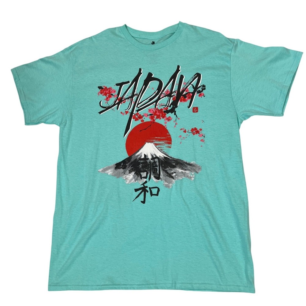 Launder Japan Graphic T-Shirt Mens Large Teal Mt Fuji Cherry Blossom Cotton Tee